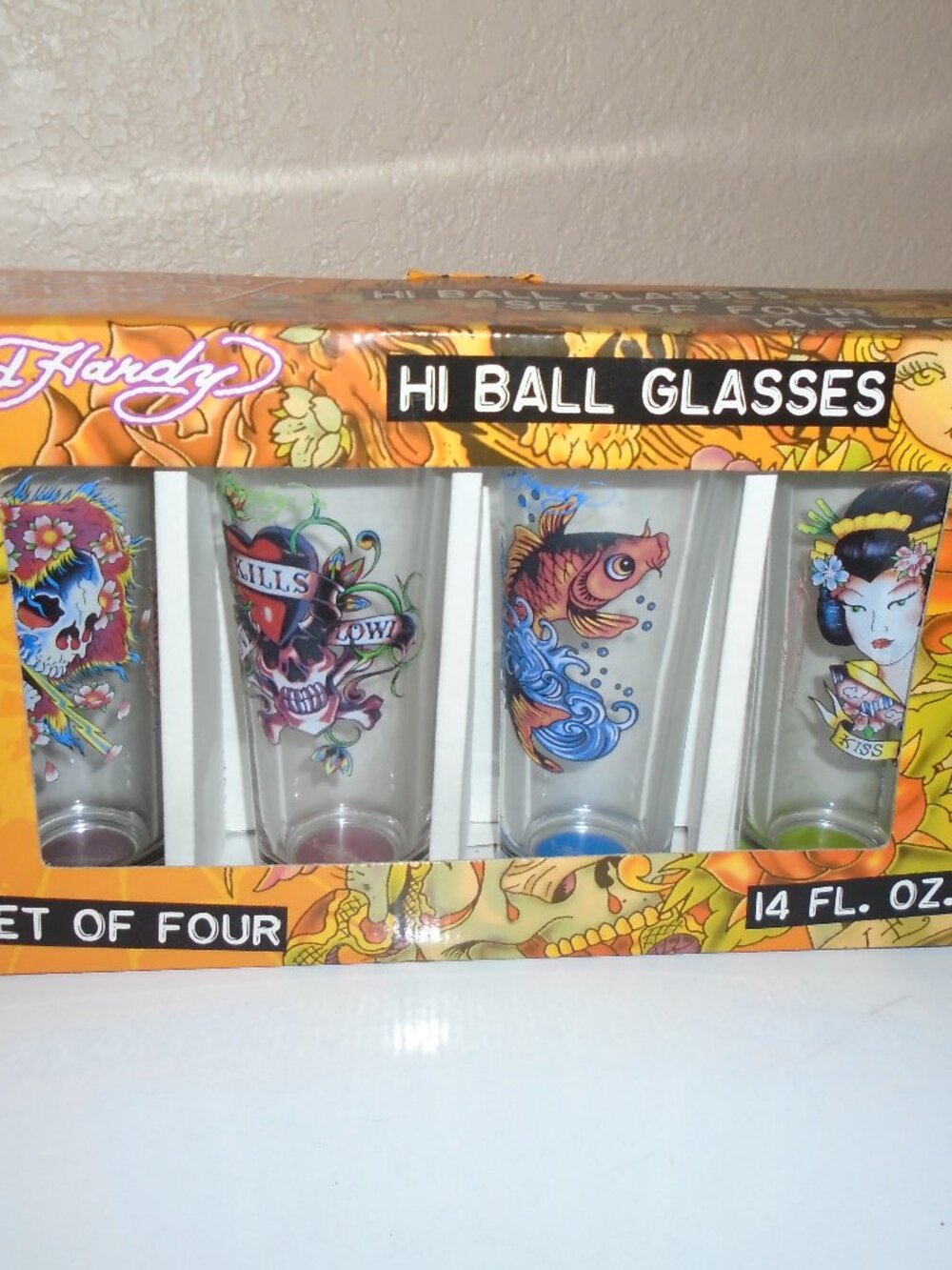 NEW ED HARDY SET OF 4 SKULL LOVES KILLS GEISHA KOI FISH 14 OZ HI BALL GLASSES